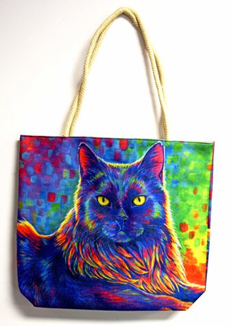 Psychedelic Black Cat Techno Jute Tote Bag